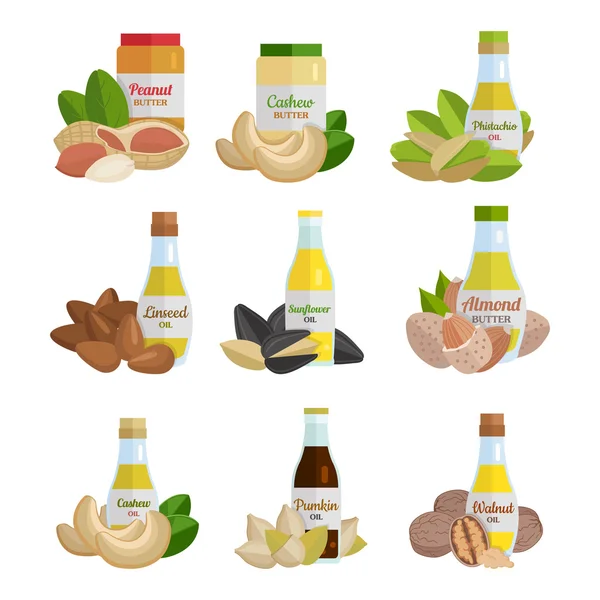 Set of Butter and Nut Oil Vector Illustrations. — Stock Vector