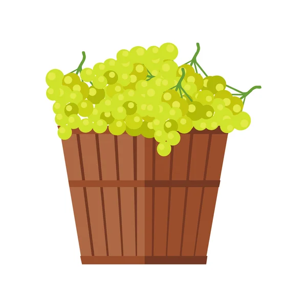 Wooden Basket with Grapes. White Wine. — Stock Vector