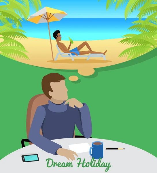 Ο άνθρωπος ονειρεύεται διακοπές στην παραλία — Διανυσματικό Αρχείο