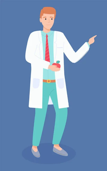 Ilustracja stojącego gastroenterologa lub dietetyka z jabłkiem w ramieniu. Mundur medyczny — Wektor stockowy