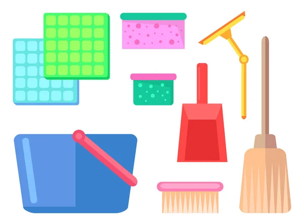 Háztartási mosókonyha, rongyfelszerelés és takarítás, szerszámok és tisztítótartály csoportja — Stock Vector
