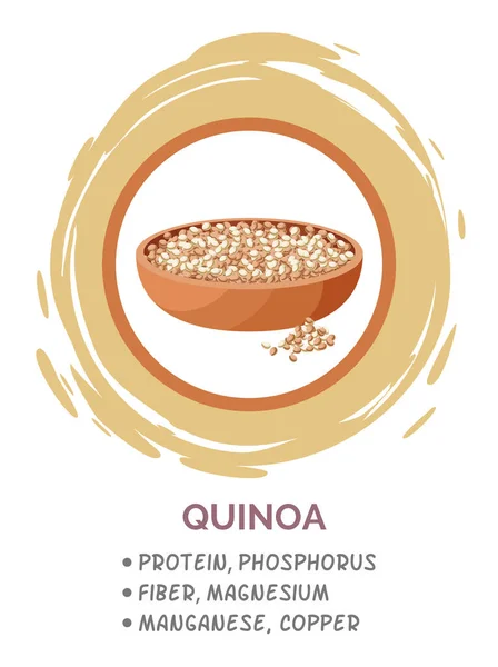 Grãos de quinoa na tigela, produtos úteis ao amamentar criança. Imagem do logotipo do vetor plano no branco —  Vetores de Stock