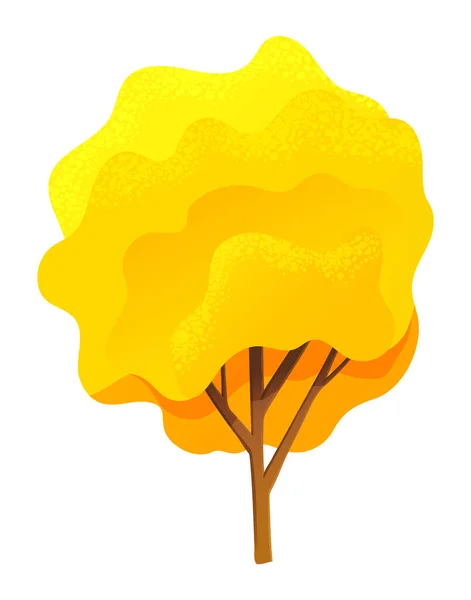 Árbol amarillo brillante de otoño con una corona exuberante, tronco marrón delgado y ramas aisladas en blanco — Vector de stock