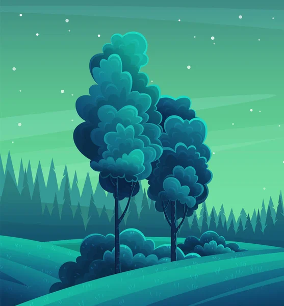 Лесной ночной пейзаж, высокое дерево, кусты, смешанный лес, темно-синий фон, яркая луна, звезды — стоковый вектор