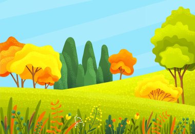 Sonbahar ormanı turuncu, sarı, yeşil ağaçlar, çalılar, çimenler, sonbahar ormanı ya da odunları olan güzel bir manzara.