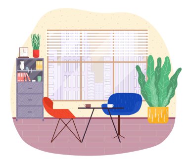 Kafe içi, fincanlı masa, iki rahat koltuk, kahve molası, dinlenmek için yer, pencere.