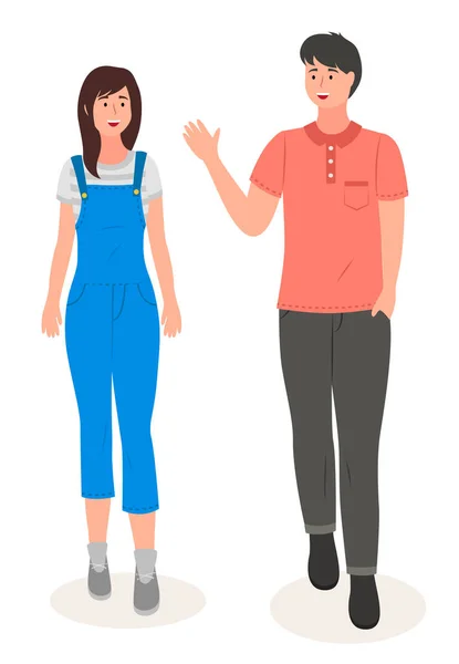 Paar junge Mädchen, Typ winkende Hand, hübsche Frau in Overalls, Mann in T-Shirt und Hose — Stockvektor