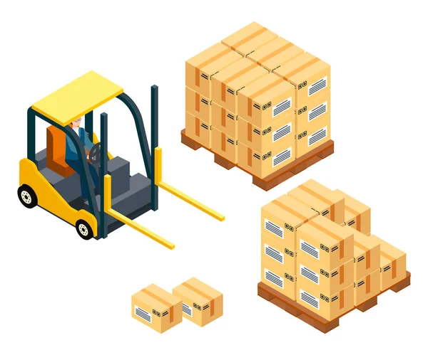 Loading boxes, forklift machine, vehicle for loading, raising heavy boxes, packages, cargo — Stock Vector