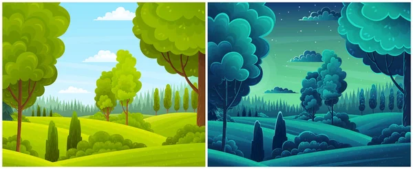 Paisaje de día y de noche con colinas, bosque, abetos, vista al paisaje con cielo despejado, campos de verano — Vector de stock