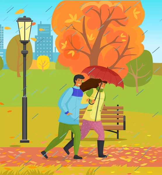 Parque de otoño, pareja de chica feliz y chico con paraguas caminando en parque bajo la lluvia a través del viento — Vector de stock