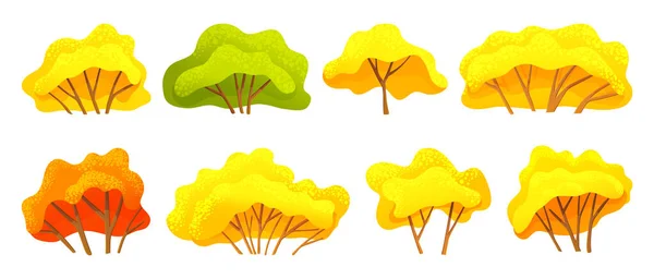 Colección de árboles de otoño, diferentes tamaños y formas de árboles con verde, naranja, hojas amarillas, símbolos de árboles de otoño — Archivo Imágenes Vectoriales