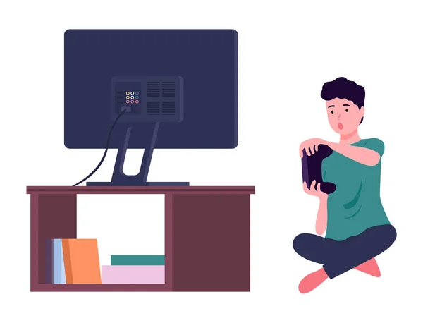 Bezorgde jongen met joystick in handen spelen van video game op tv scherm, ontspannen spelen van games thuis — Stockvector