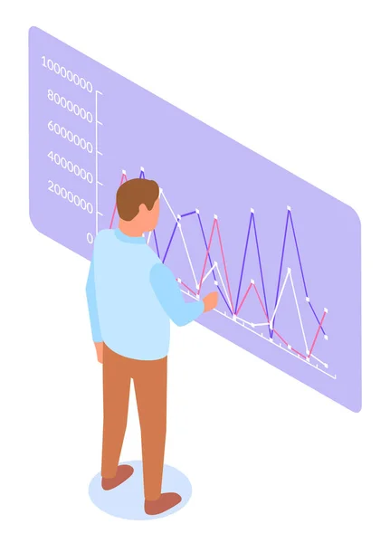 Homme d'affaires avec présentation holographique. Graphiques de données et diagrammes statistiques à bord du vecteur — Image vectorielle