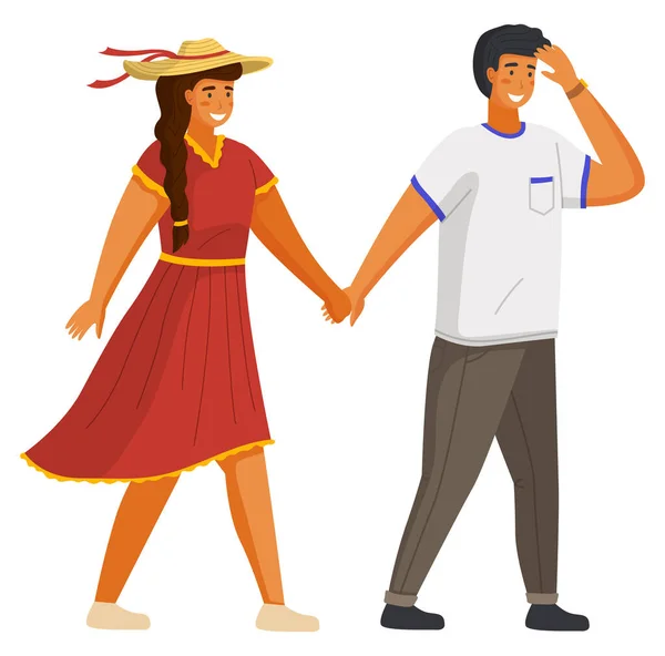 Um casal a andar juntos. Jovem e menina vestindo um vestido leve e um chapéu de palha de mãos dadas —  Vetores de Stock