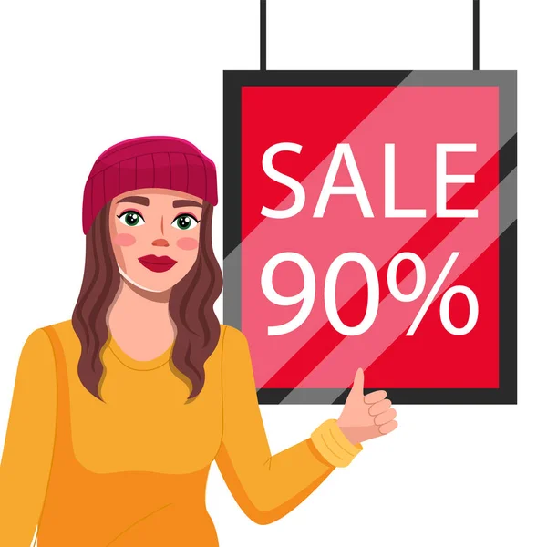 Banner de venta con hermosa mujer de pie cerca de cartel publicitario con venta de letras con por ciento — Vector de stock