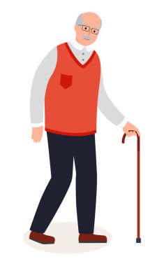 Yaşlı adam vektör çizimi. Yaşlı bir adam, gözlüklü ve bastonlu beyaz tenli.