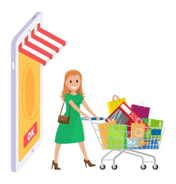Sarışın kadın gülümser ve alışveriş arabasıyla durur. İnternetten alışveriş konsepti.