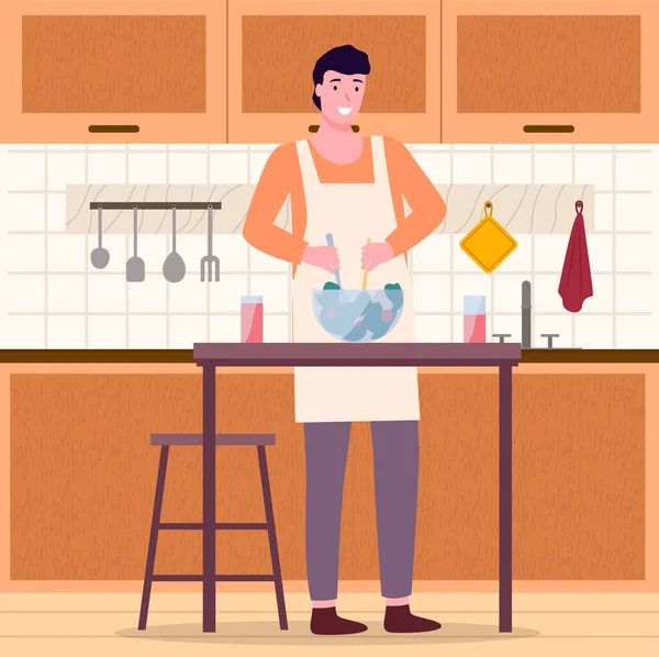 Mladý muž vaří salát v kuchyni. Domácí práce, úklid, každodenní povinnosti a domácí práce — Stockový vektor