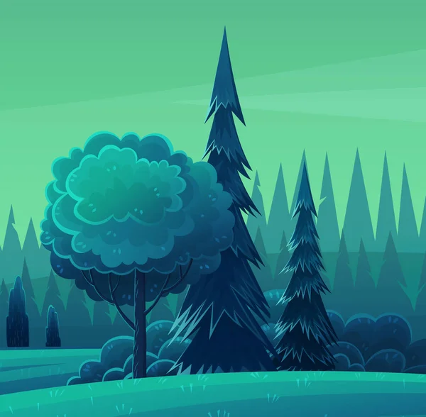 Nacht in het bos, vector art cartoon illustratie. Heuvels en hoge bomen dennenbos aan de horizon — Stockvector