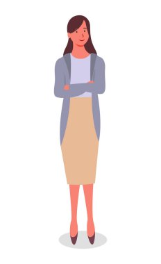 Young girl in strict light suit stands and smiles. Office staff, manager, employee. Flat image vector Young girl in strict light suit stands and smiles. Office staff, manager, employee. Flat image vector