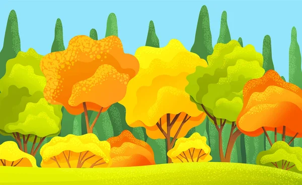 Jesienny las piękny krajobraz z pomarańczowymi, żółtymi, zielonymi drzewami, krzewami, trawą, jesiennym lasem lub drewnem, widok — Wektor stockowy