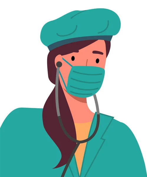 Ragazza operaia in maschera chirurgica, cappello verde e camicetta, con stetoscopio sul collo. Immagine piatta — Vettoriale Stock
