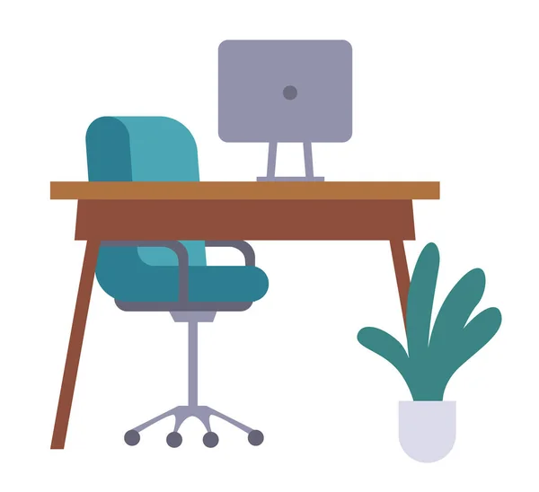 Muebles de oficina, mesa, silla, monitor o monobloque, planta en maceta. Imagen vectorial plana en blanco — Archivo Imágenes Vectoriales