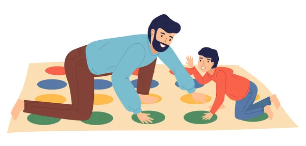 Πατέρας και γιος παίζουν twister στο πάτωμα, οι άνθρωποι περνούν χρόνο μαζί, γονιός, παιδί παίζει εσωτερικό παιχνίδι — Διανυσματικό Αρχείο
