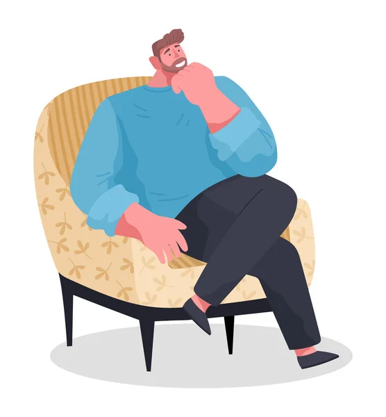 Homme relaxant assis dans un fauteuil, souriant adulte pensant, rêvant, jeune homme mis sa jambe sur le genou — Image vectorielle