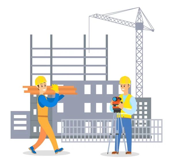 Constructor masculino en uniforme y sombrero duro que comunica con el capataz del hombre en la construcción del edificio — Archivo Imágenes Vectoriales