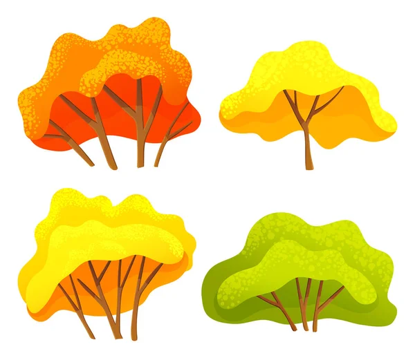 Árbol de otoño o conjunto de arbustos con una exuberante corona de color amarillo y naranja, tronco marrón delgado y ramas — Vector de stock