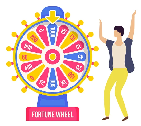 Juego concepto de rueda de la fortuna. Hombre jugando juego de riesgo con rueda de la fortuna y la lotería, plantilla de juego — Vector de stock