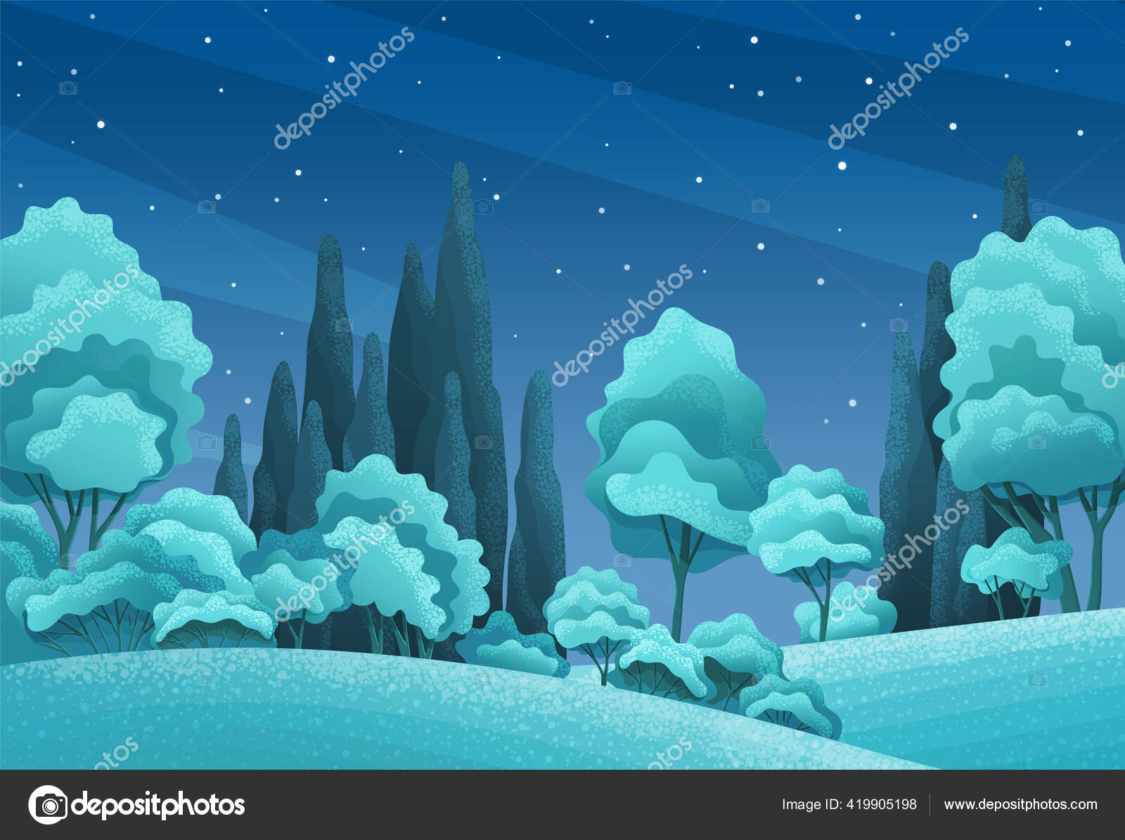 Floresta noturna ou paisagem rural, árvores, prado, arbustos, grama. Noite  céu escuro com nuvens Vetor de ©robuart 419905198, image size:1600x1195