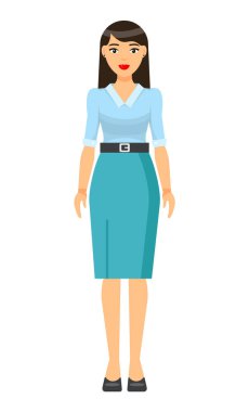 Tarz sahibi bir iş kadını şık bir etek ve bluz giyiyor. İş kadını gibi giyiniyor.