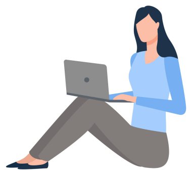 Dizüstü bilgisayarı Yerde İzole Edilmiş Vektör Genç Kadın