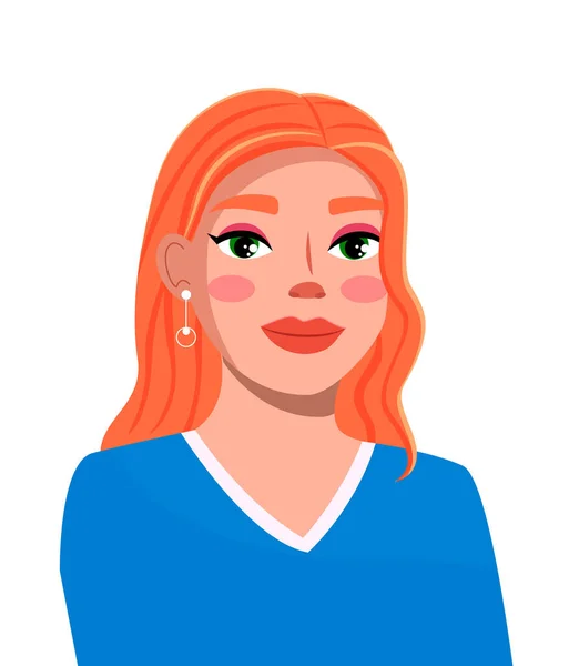 Avatar van jonge roodharige lachende vrouw met lippenstift en lichte make-up, oorbellen in blauw shirt — Stockvector