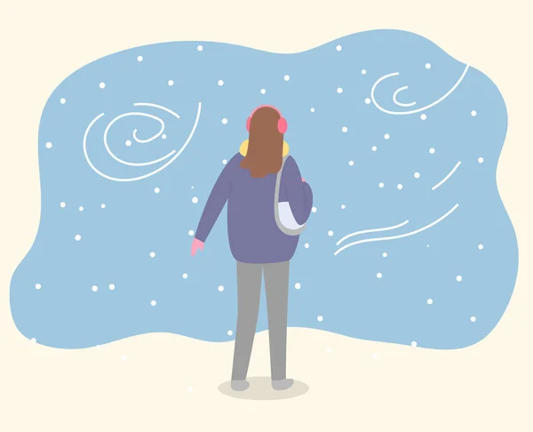 Mujer caminando sola en el parque, clima frío de invierno — Vector de stock