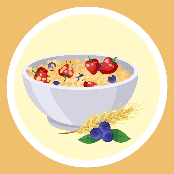 Természetes zabkása földieperrel, áfonyával, gabonafélékkel tálban, édes reggeli étkezés — Stock Vector