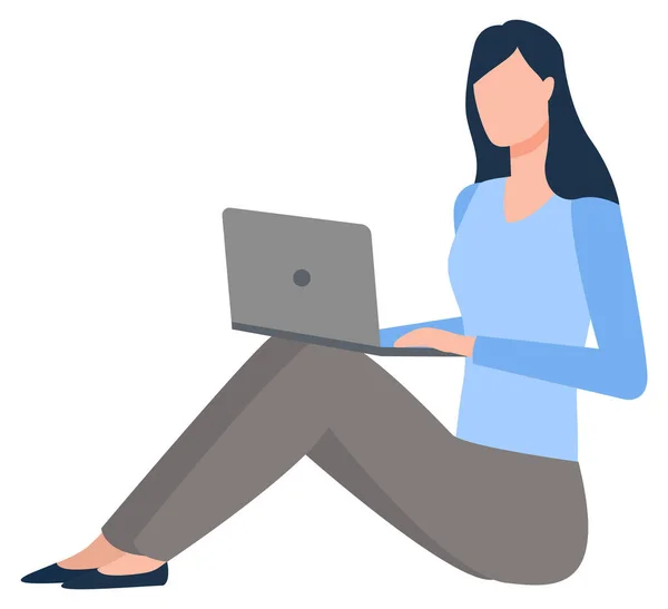 Young Woman with Laptop on Floor Isolated Vector — Stock Vector