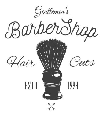Siyah-beyaz stili bir berber dükkanı logosu. Berber dükkanı logosu, tıraş fırçası amblemi.