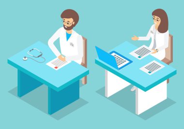 Ofisteki masada oturan üniformalı doktorlar. Tıbbi karakterler reçeteyi kontrol ediyor