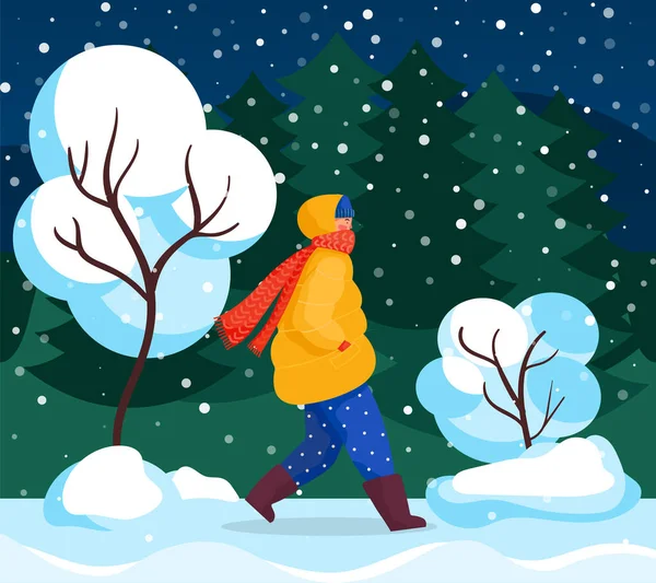 Winter Snowfall and Character Walking at Night — Stock Vector