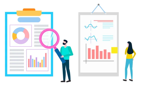 Lavoratore, lente di ingrandimento Investigare Analisi statistica — Vettoriale Stock