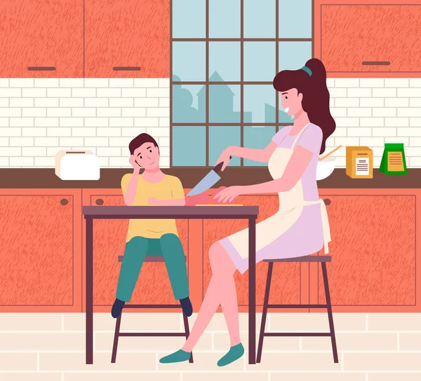 Мати і син готують їжу. Плоска ілюстрація векторна сім'я, що працює на кухні. Сімейне приготування їжі — стоковий вектор