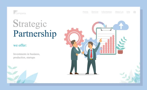 İş adamlarının stratejik ortaklığı web sitesi çizimi düz tasarım. Takım çalışması — Stok Vektör