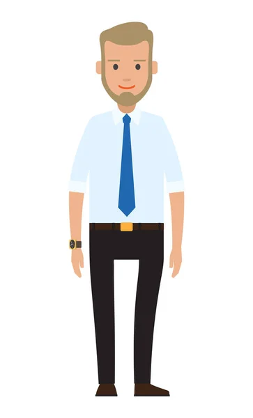 Χαμογελαστή άνθρωπος γενειοφόρος επιχειρηματίας ντυμένος με πουκάμισο με γραβάτα στέκεται σε πλήρες ύψος απομονώνονται σε λευκό — Διανυσματικό Αρχείο