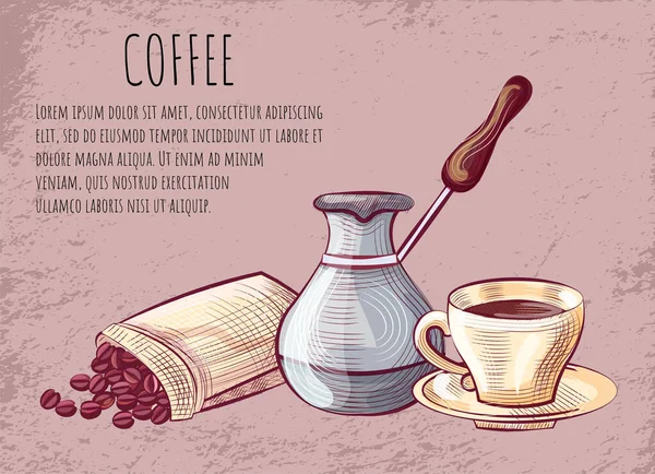 Tasse Kaffee, Bohnen und Topf Werkzeug, Postkarten-Vektor — Stockvektor