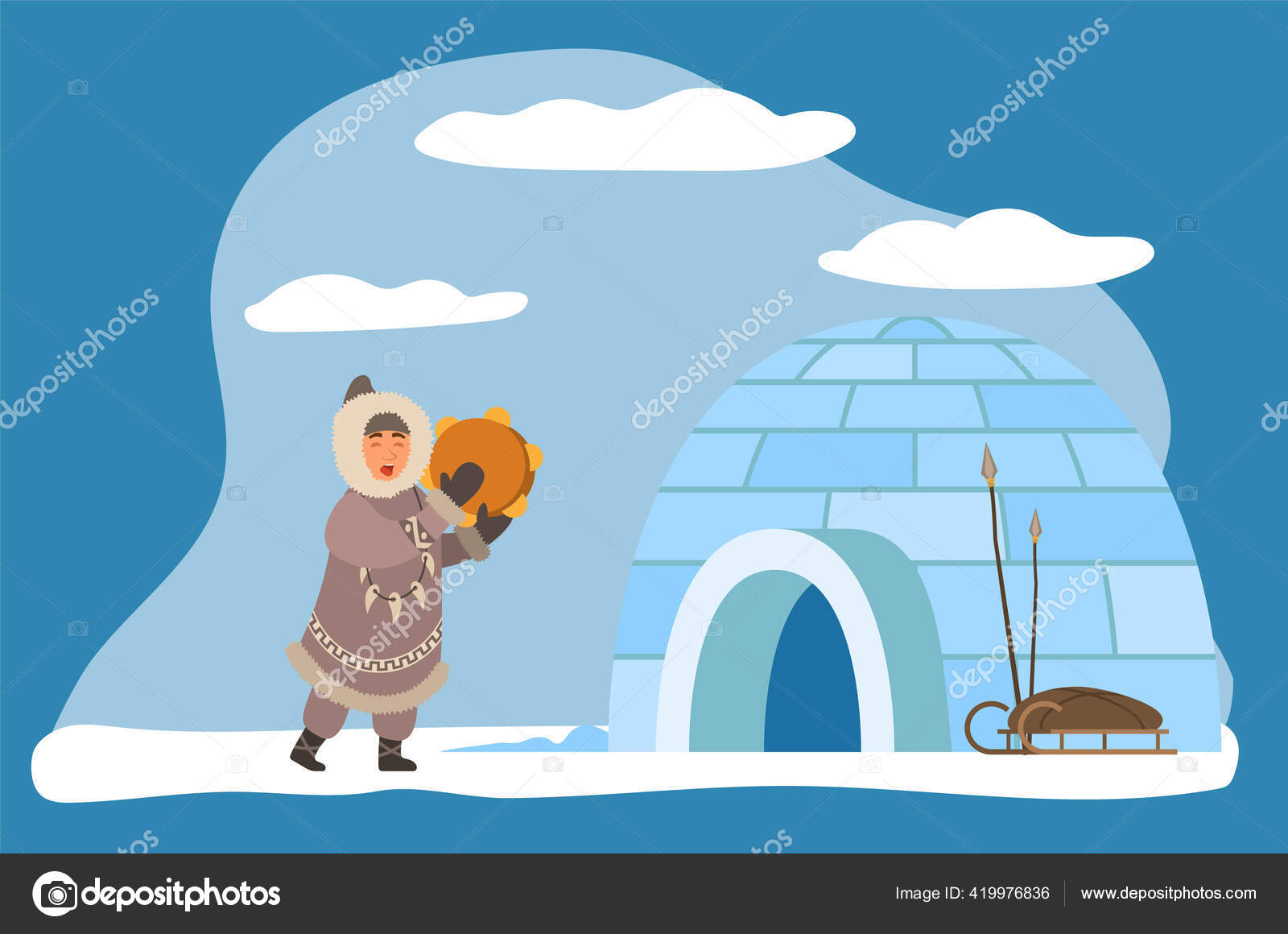 Eskimo with Musical Instrument by Igloo House Stock Vector by ©robuart  419976836, image size:1600x1160