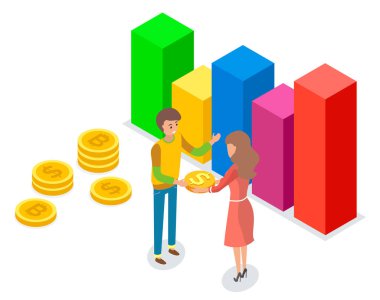 Bir grup insanın elinde altın sikkeler var. Kadın ve erkek para biriktirir. Satın almalar için nakit anlaşmaları