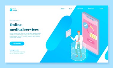 Online tıbbi servis iniş sayfası şablonu, sağlık danışmanlığı. Sağlık ve teknoloji kavramı